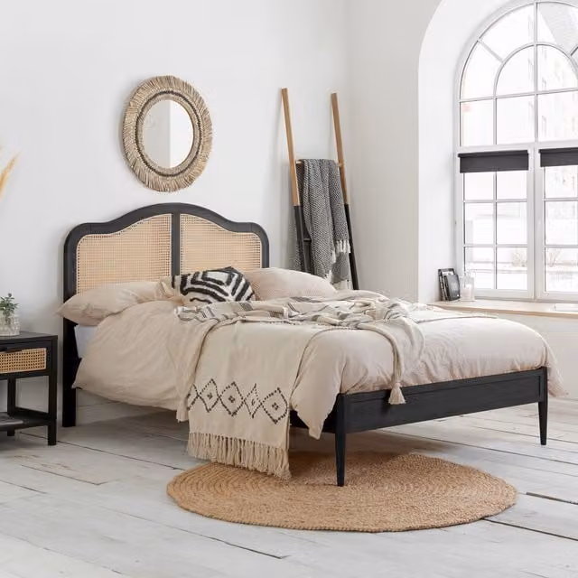 Birlea Leonie Rattan and Solid Wood Bed Frame, Black, W: 180 cm, D: 200 cm