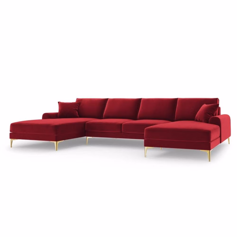 Snug Furniture Birmingham Ltd Monroe Red Velvet Plush U-Shaped Corner Sofa with Gold Legs – 2