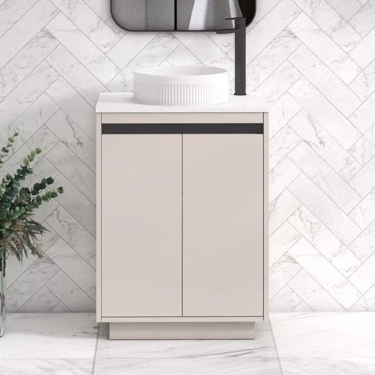 Royal Bathrooms Orion 600mm Warm Taupe Floor Standing 2 Door Vanity Unit with Round Basin and Black Accent Trim