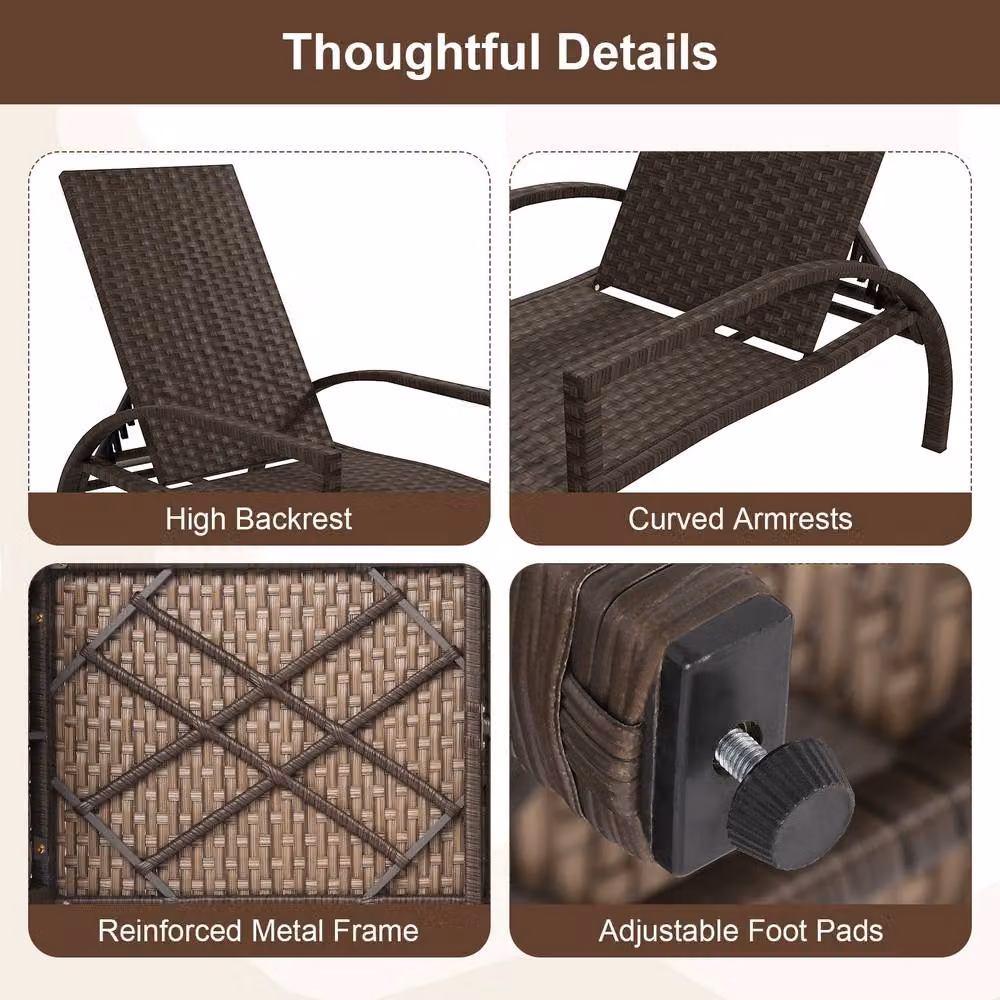 Gymax Brown Polyrattan Wicker Chaise Lounge with 6-Position Adjustable Backrest and Armrests for Pool or Patio – 5