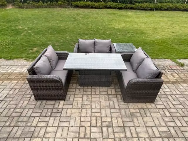 Fimous Outdoor Rattan Garden Dining Set with Height Adjustable Lifting Table and 3 Piece Love Sofa and Side Table in Dark Grey