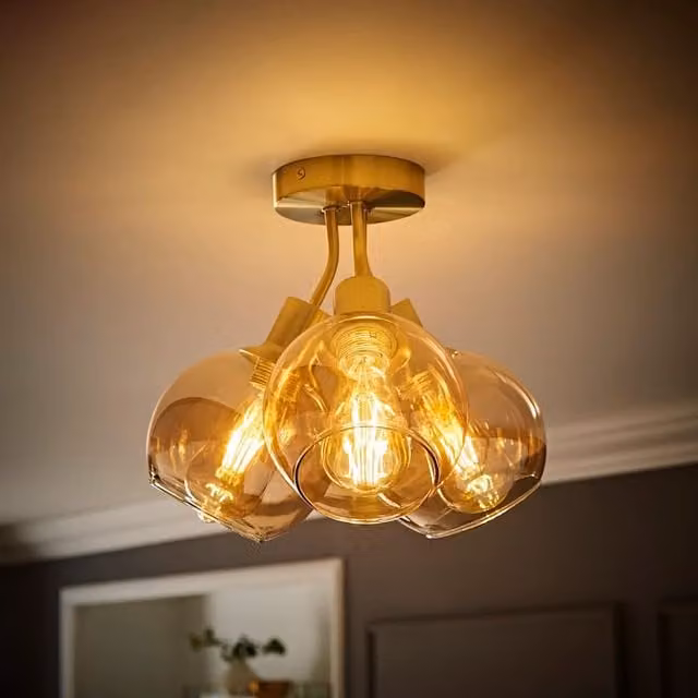 Bellamy 3 Way Bubble Cluster Flush Ceiling Light in Gold/Brass with Glass Spheres