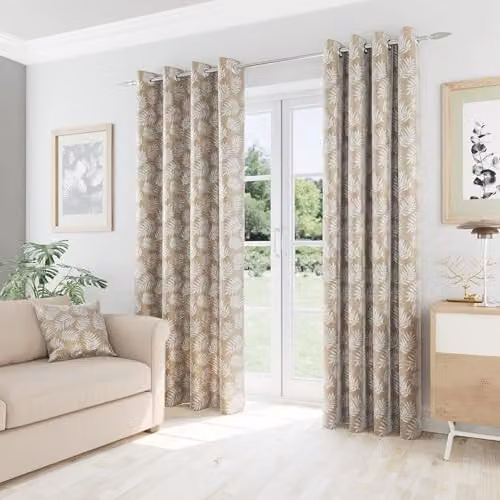 Enhanced Living Oakland Latte Leaf Print Thermal Blockout Eyelet Curtains, Beige, W: 117 cm, H: 137 cm – 1