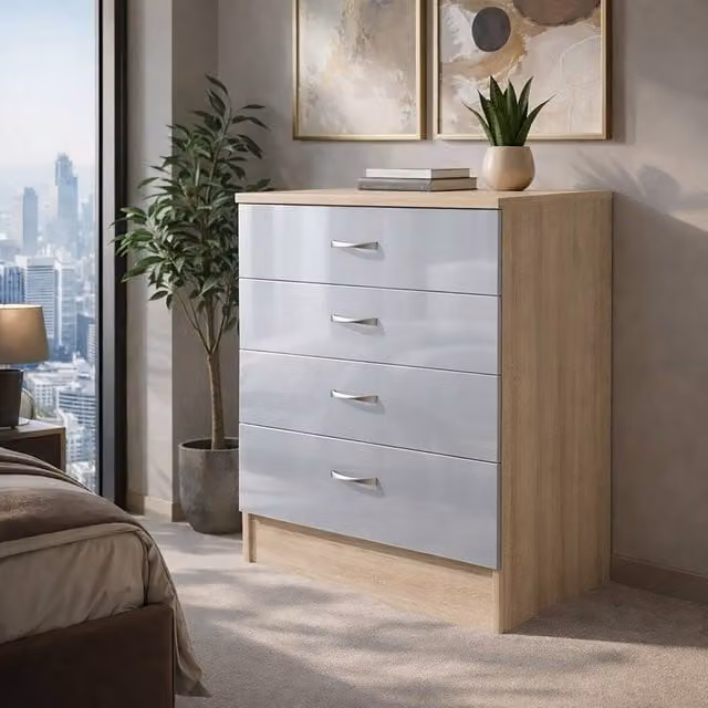 Harmin 4 Drawer Chest in High Gloss Grey and Sonoma Oak, W: 60 cm, D: 40 cm, H: 68.5 cm