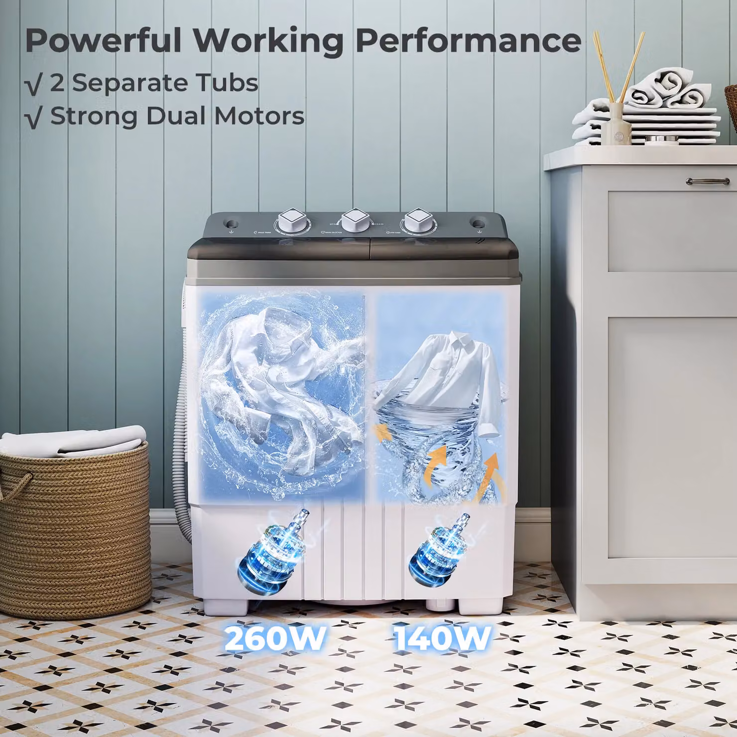 Costway Portable Twin Tub Washing Machine, 8kg Capacity, Grey – 6