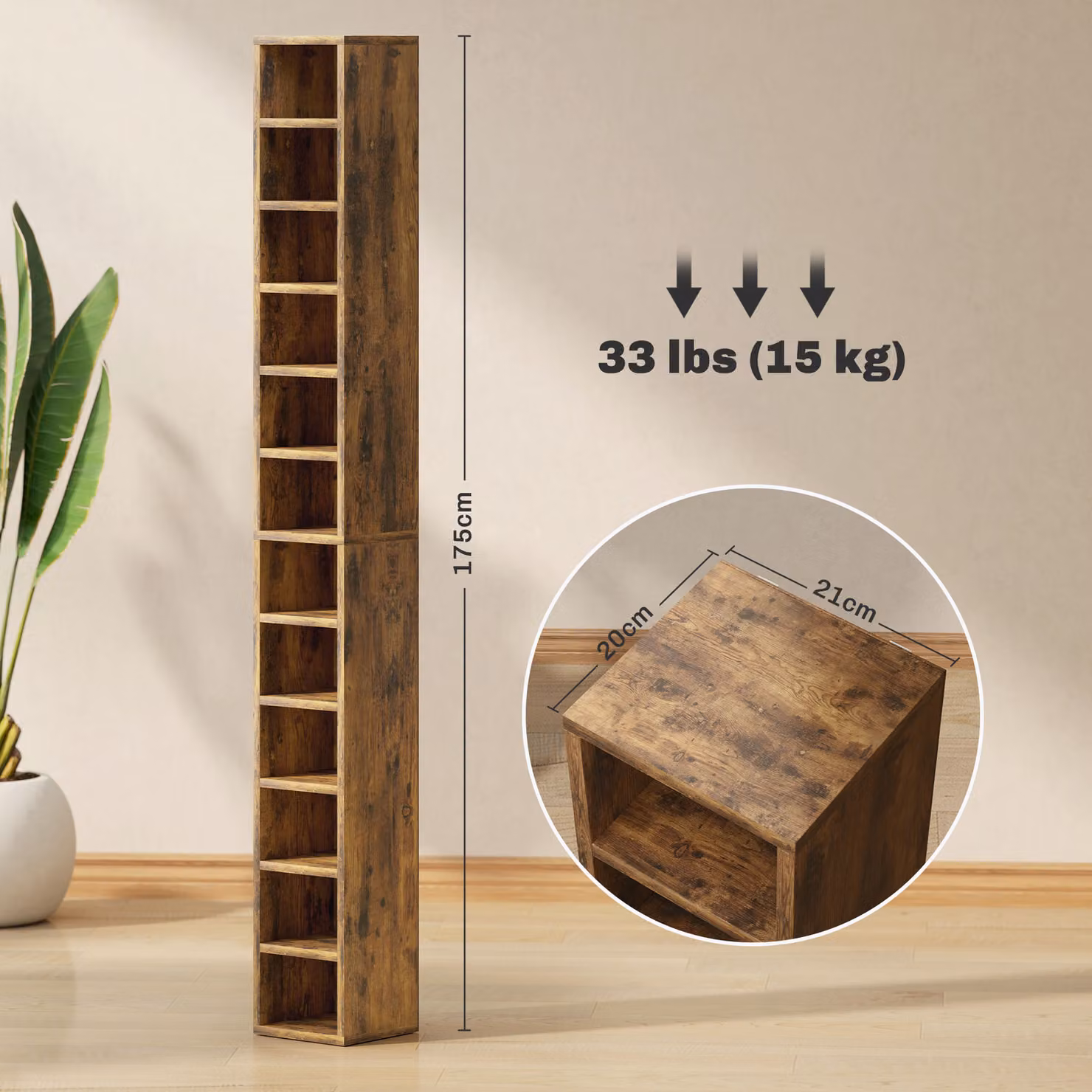 HOMCOM 204 CD Tall Narrow Media Storage Tower in Rustic Brown – 4