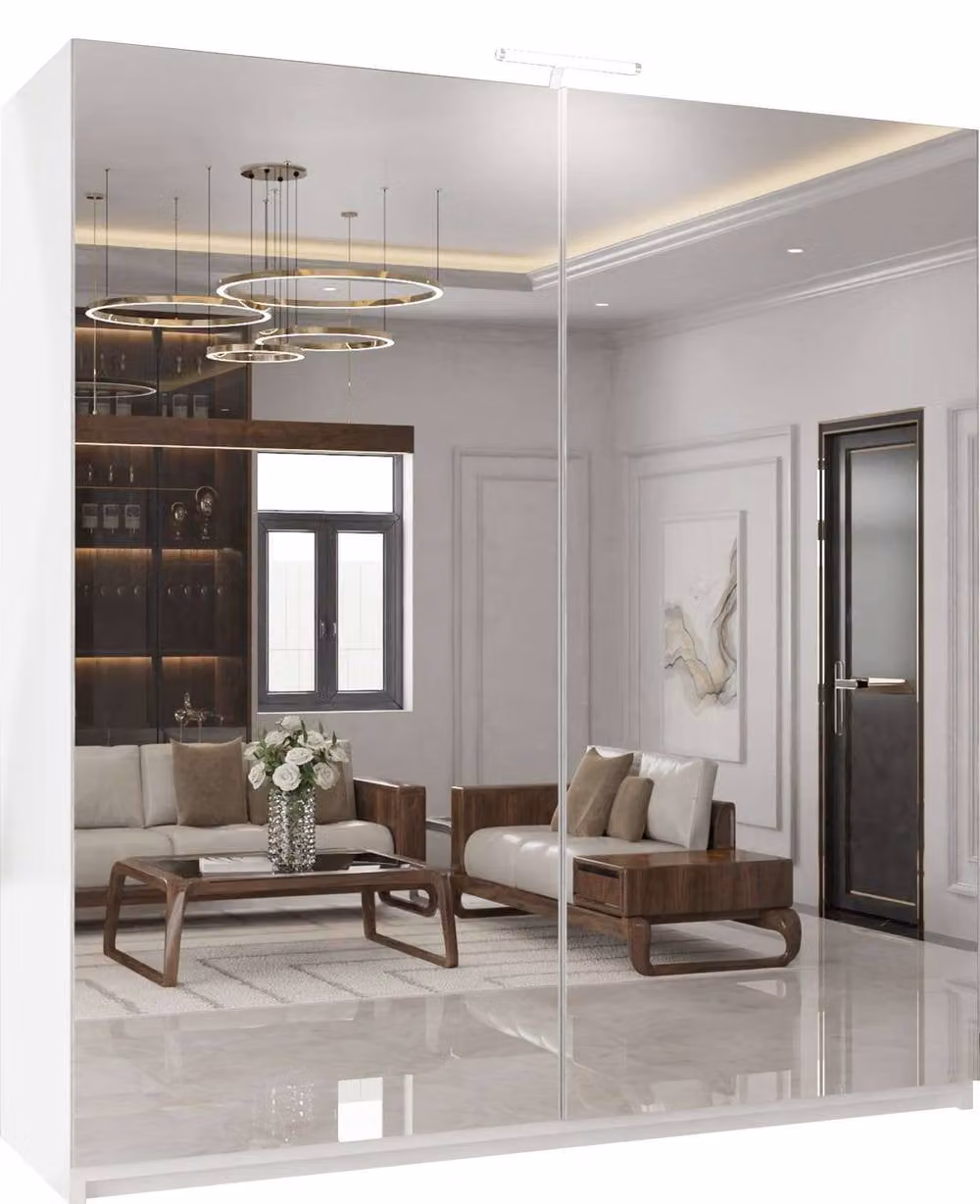 MN Furniture Modern White Double Sliding Wardrobe with LED Light and Mirror Doors, W: 200 cm, H: 217 cm