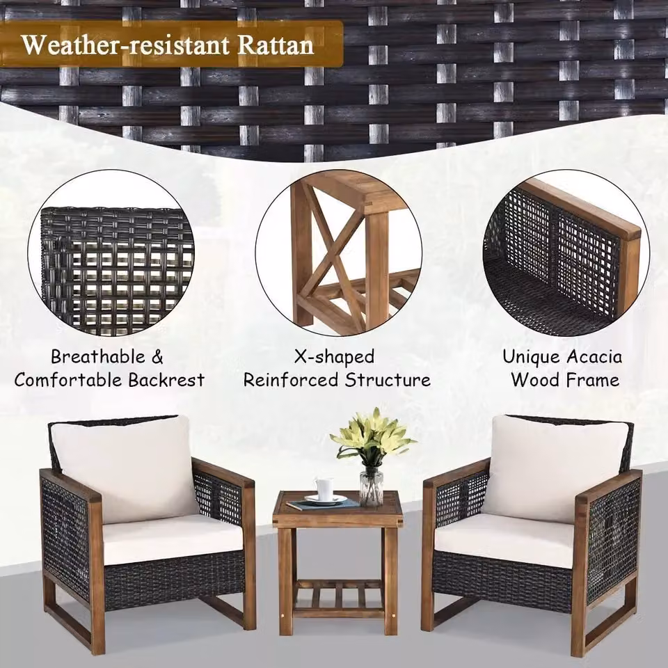 Costway 3-Piece Outdoor Patio Furniture Set with Acacia Wood Coffee Table and Brown Polyrattan Lounge Armchairs with Upholstered Cushions – 5