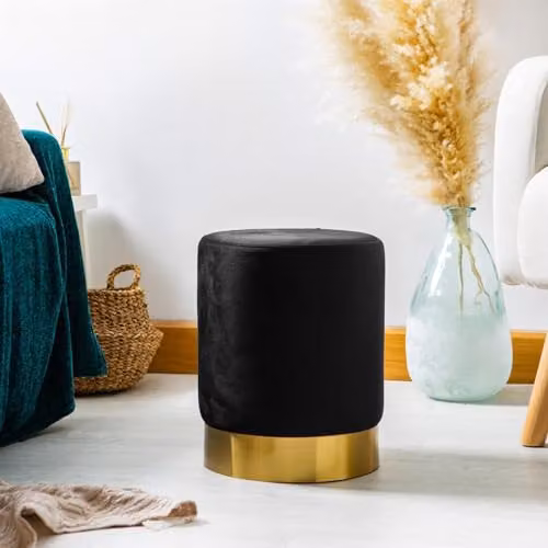 Harbour Housewares Velvet Round Pouffe Footstools, Pack of 2, Black with Gold Base, W/D/H: 29 x 29 x 36 cm – 2