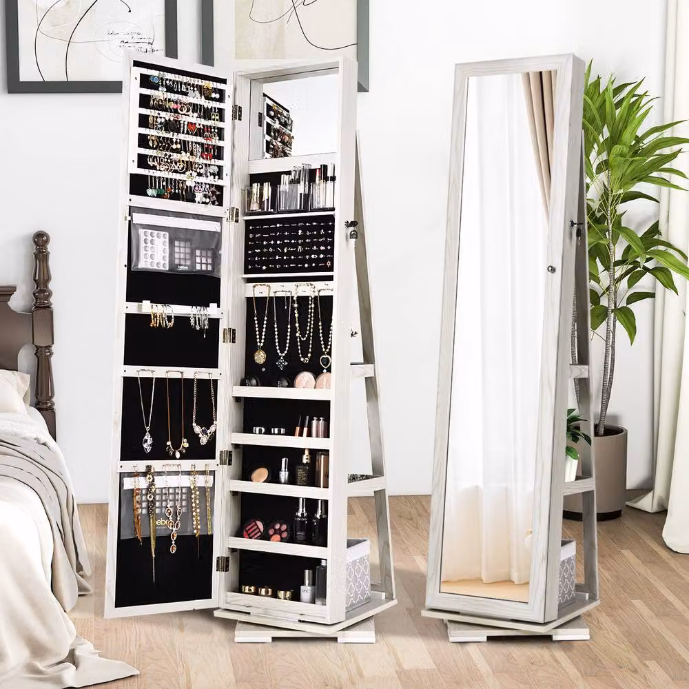 Costway 360 Rotating Mirrored Jewelry Cabinet Free Standing Armoire in White – 6