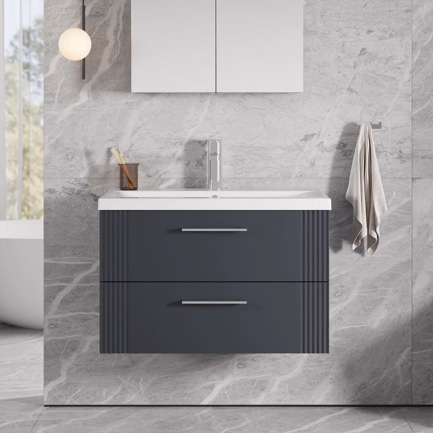 Balterley Wall Hung 2 Drawer Vanity Unit with Mid-Edge Basin, Satin Dark Grey, Width: 80 cm – 2