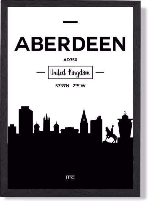 ARTZE Aberdeen Black and White City Skyline Framed Print, A3, Black Frame – 1