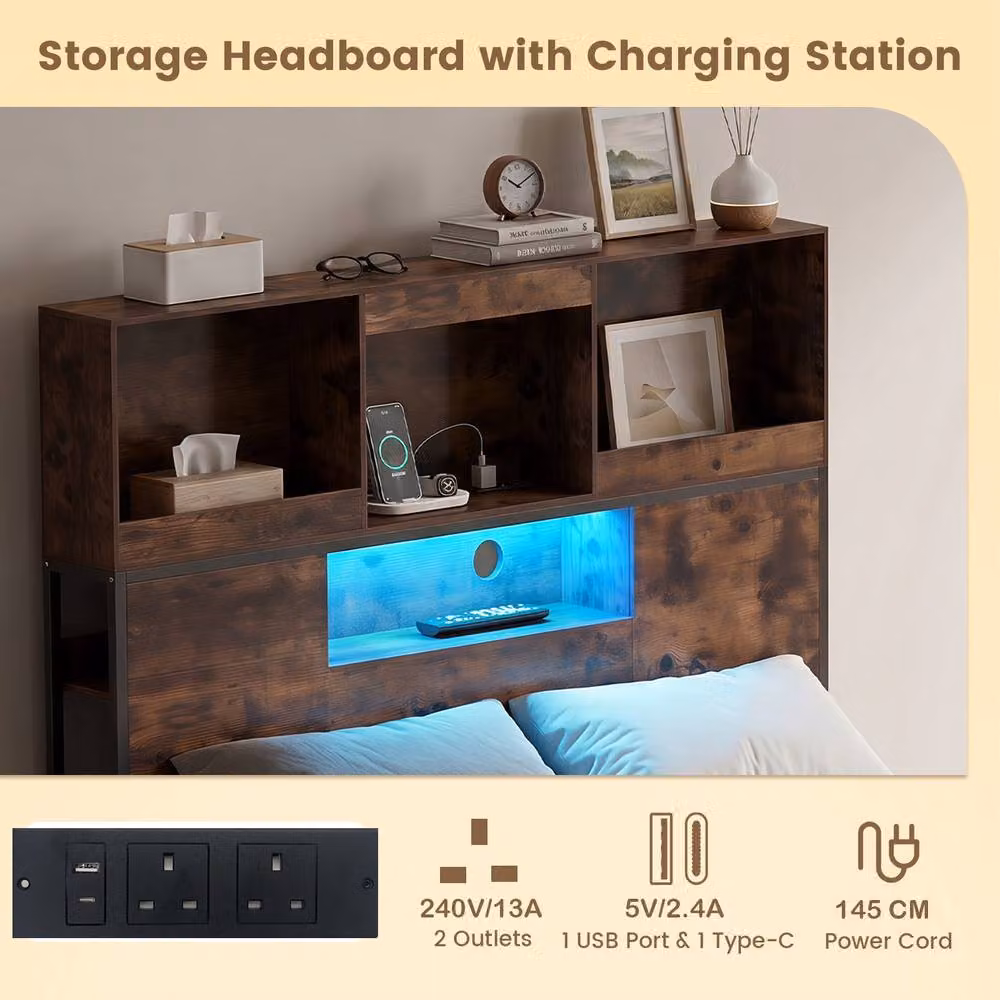 Gymax King Size Industrial Metal Bed Frame in Brown with LED Under-Bed Lighting, USB Charging Port and Side Compartments, W: 180 cm x D: 200 cm – 6
