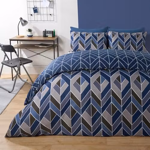 OHS Superking Reversible Abstract Chevron Duvet Cover and Pillowcase Set, Blue – 1