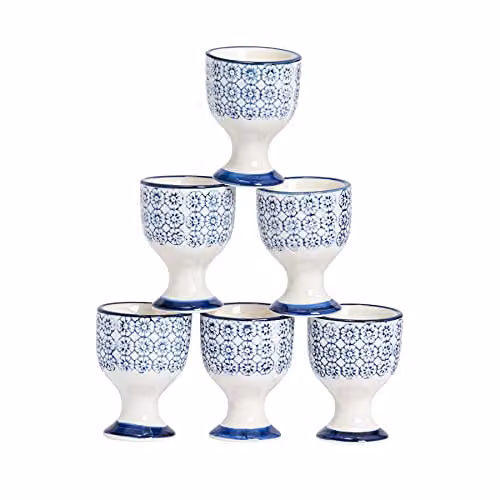 Nicola Spring Hand-Printed Floral Egg Cups, Blue Stoneware, Pack of 6 – 1