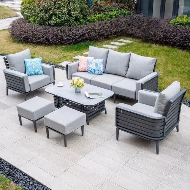 Mimo 6-Piece Aluminum Tube Outdoor Sofa Set with 2 Ottomans and Coffee Table in Grey