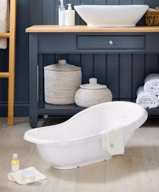 Mamas & Papas Classic Baby Bath with Drain Plug and Non-Slip Surface in White and Grey