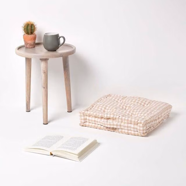 Homescapes Cotton Gingham Check Square Floor Cushion in Beige and Brown, W/D/H: 50 x 50 x 50 cm