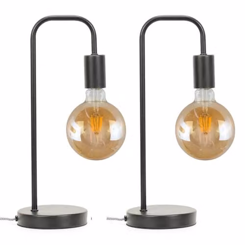 ValueLights Pair of Industrial Style Black Metal Curved Stem Bedside Table Lamps with LED Bulbs – 1