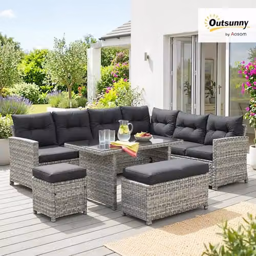 Outsunny 5 Piece L-Shape Rattan Garden Furniture Set in Grey with 3-Seater Sofa, Coffee Table, Ottoman and Cushions – 2
