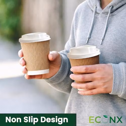 ECONX 50 Pack Disposable 8oz Brown Ripple Kraft Paper Coffee Cups with White Lids – 4