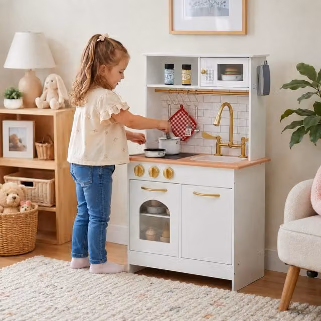 Teamson Kids Compact Wooden Play Kitchen in White and Gold