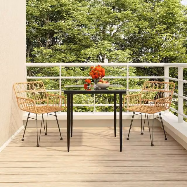 Berkfield Home 3 Piece Brown Poly Rattan Garden Dining Set with Metal and Glass Details