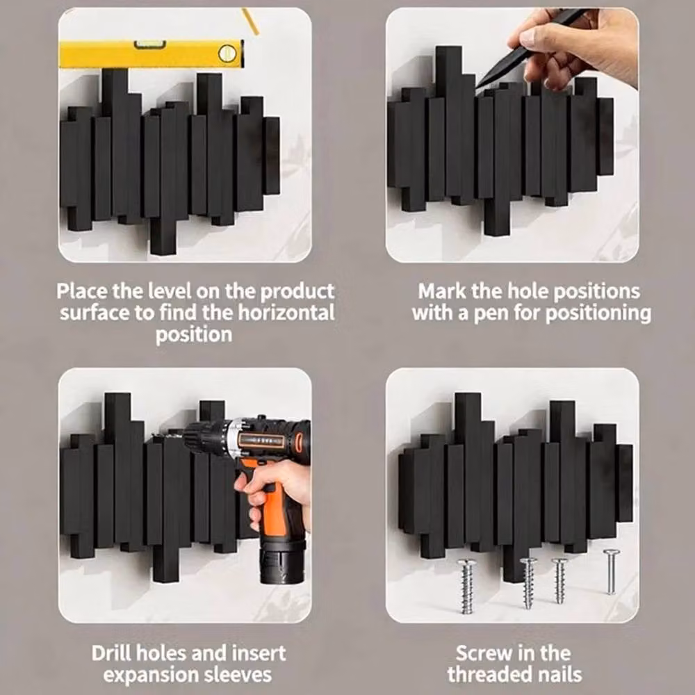 EONLION Piano Key Shaped Wood Coat Rack in Black, W: 50 cm – 3