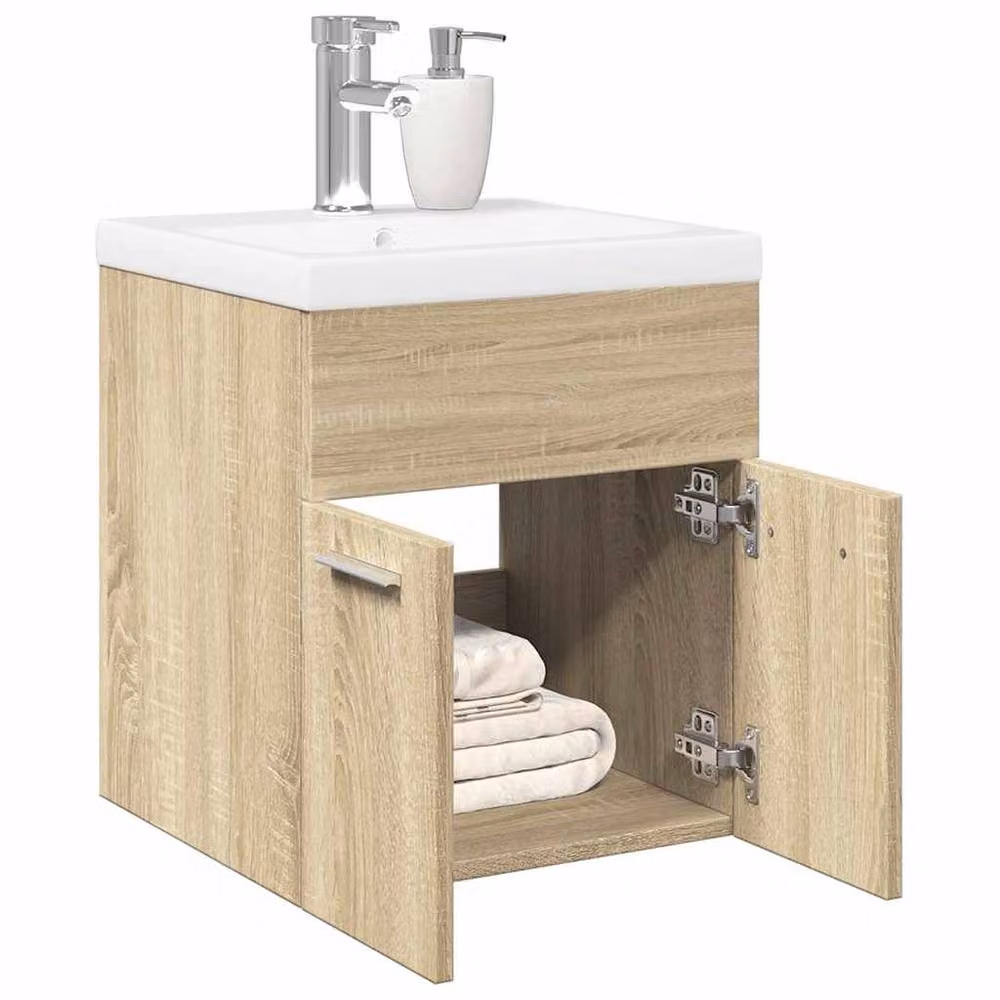Berkfield Home 2 Piece Modern Bathroom Vanity Unit Set in Sonoma Oak and White, W/D/H: 46.0 x 41.0 x 38.5 cm – 2