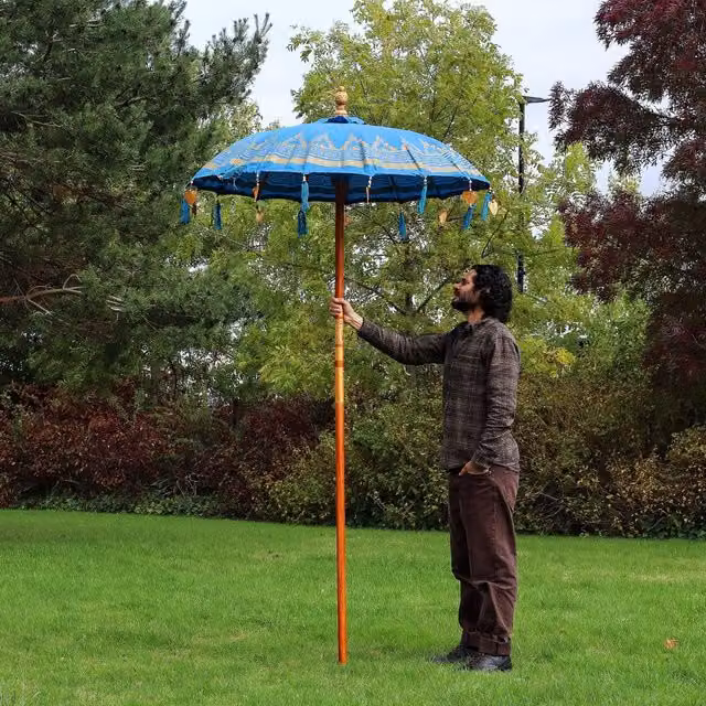 KDMK Bali Patio Parasol with Turquoise Cotton Shade and Gold Accents, Diameter: 150 cm