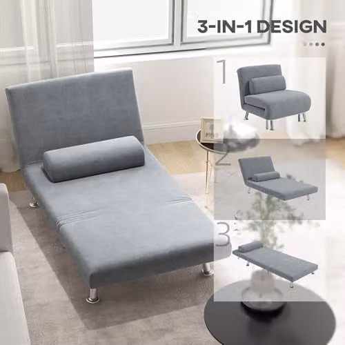 HOMCOM 3-in-1 Velvet Single Sofa Chair Bed with Metal Frame and Armrests, Grey, Seat Width: 75 cm – 4