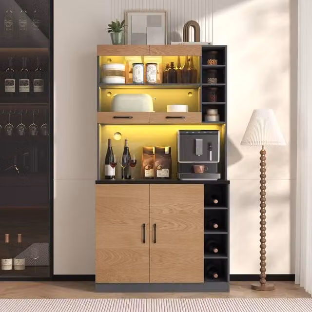 Matteo Modern Freestanding Kitchen Tall Cabinet in Grey with LED Lighting and Glass Doors, H: 187 cm, W: 47 cm, D: 100 cm – 1
