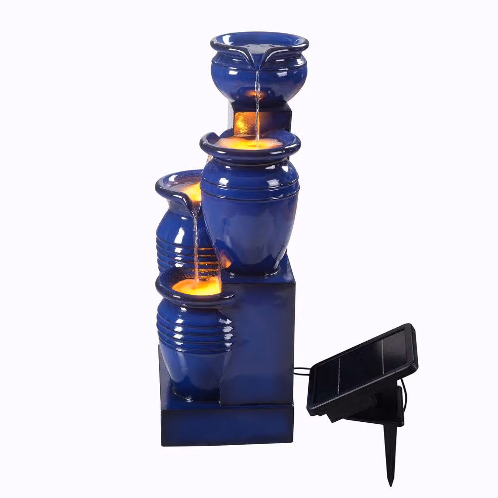 Teamson Home Solar Outdoor Cascade Water Fountain with LED Lights, Blue and Brown, Height: 73 cm – 2
