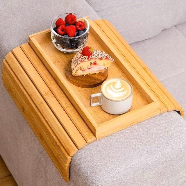 PAWNORA Foldable Couch Arm Table in Natural Bamboo Wood – 1