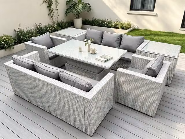 Fimous Rattan Garden Furniture Set in Grey with 3-Seater Sofa, 2 Armchairs, Adjustable Lifting Table and Cushions