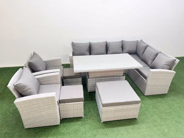 Fimous 11 Seat Rattan Garden Furniture Corner Sofa Set with Stools in Light Grey