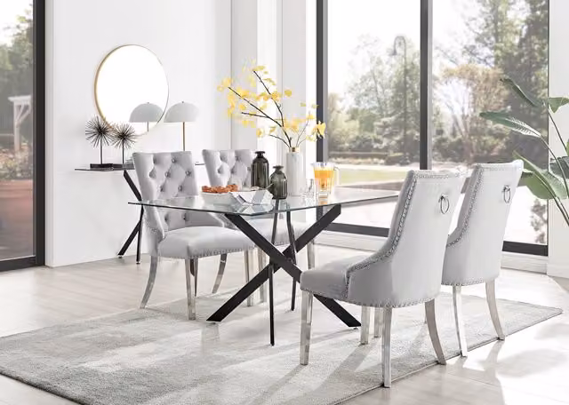 FurnitureboxUK Leonardo Glass Dining Table with 4 Grey Belgravia Chairs
