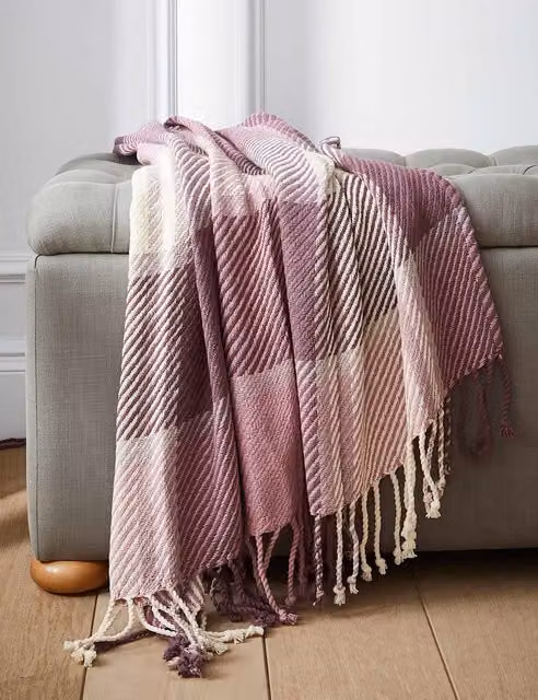 Laura Ashley Dylan Checked Pure Cotton Throw with Fringes in Purple Mix