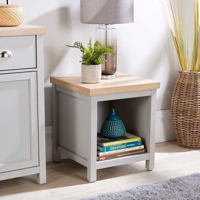 Home Source Avon Grey Lamp Side Table Storage Unit with Oak Effect Top