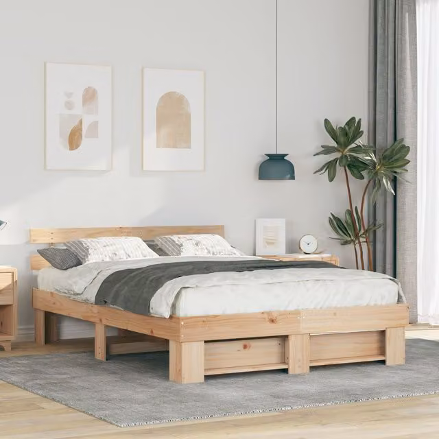 Berkfield Home Modern Pine Wood Bed with Headboard in Brown, W/D/H: 160 x 200 cm – 1