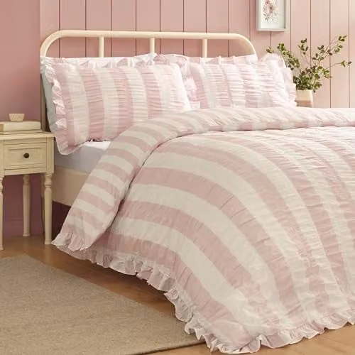 Catherine Lansfield Seersucker Frill Stripe Pink Duvet Cover and Pillowcase Set, W/D/H: 200 x 200 cm and 50 x 75 cm