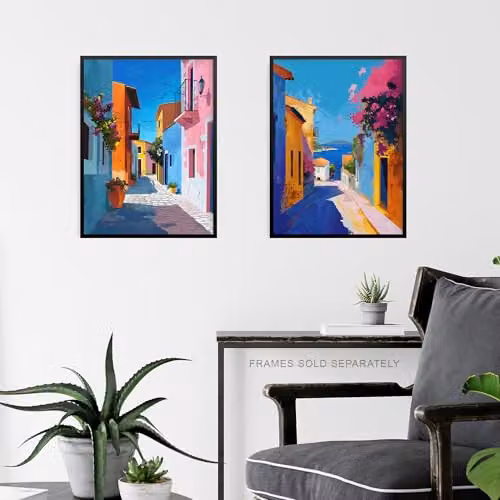 Artery8 Set of 3 Multicolour Greek Coastal Street Wall Art Paper Prints, W: 21.0 cm, H: 29.7 cm – 4