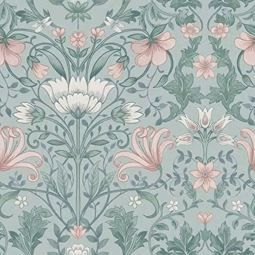 Holden Vintage Floral Wallpaper in Soft Teal Green and Pink with Botanical Flowers and Leaves