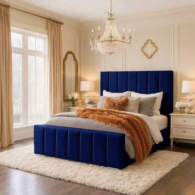 Desire Deco Clara Upholstered Velvet Bed Frame, Blue, 140 x 200 cm