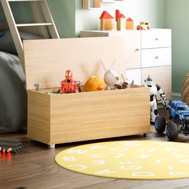 Vida Designs Scandinavian Wood Toy Box in Brown and Beige