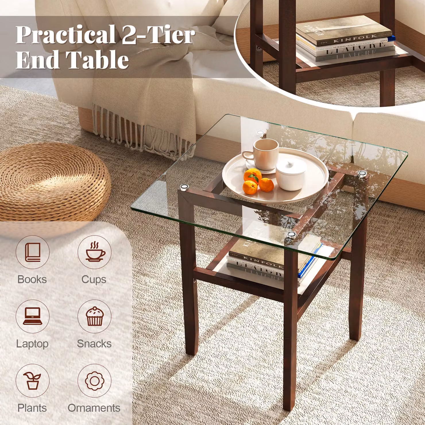 Gymax 2-Tier Square Glass and Rubberwood Side Table with Storage Shelf, Dark Brown, W/D/H: 61 x 61 x 62 cm – 6