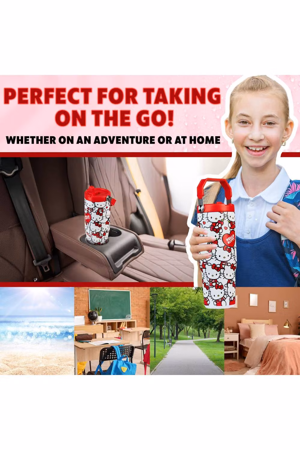 Get Trend Hello Kitty Sanrio Insulated Metal Travel Tumbler with Flip Up Straw and Handle, Multicolour, 850ml – 6