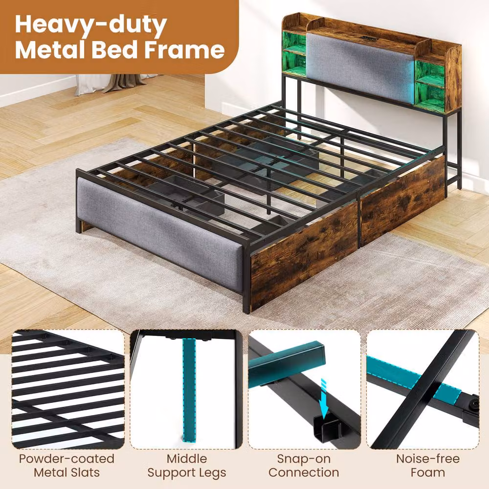 Costway Double Size Platform Bed Frame in Brown with LED Lights, USB Charging Port and Drawers, W/D/H: 140 x 200 cm – 4