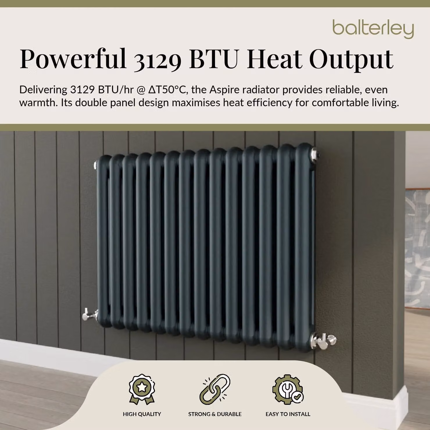 Balterley Aspire Horizontal Double Panel Radiator, Anthracite Grey, W: 86.3 cm, H: 63.5 cm, D: 6.35 cm – 3