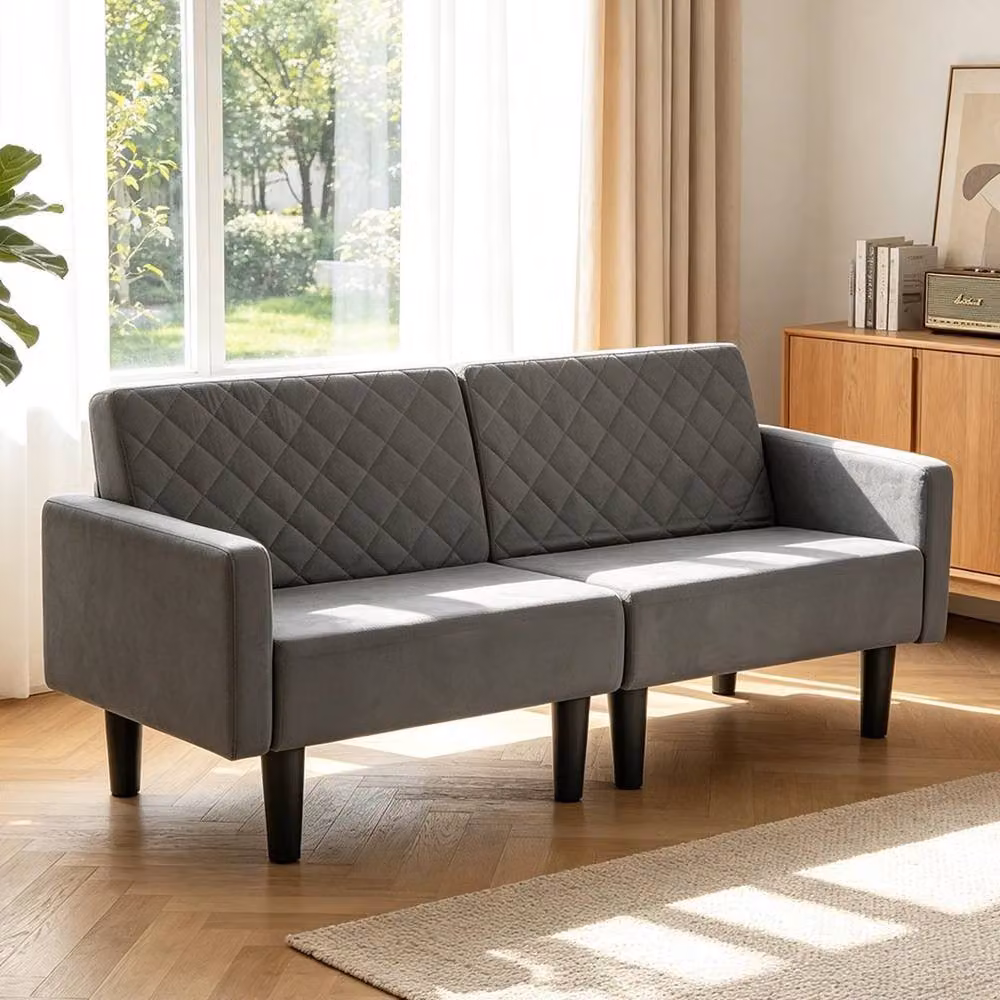 EONLION Convertible Folding Futon Sofa Bed, 2-3 Seater, Grey Velvet Fabric, 180 x 200 cm – 4